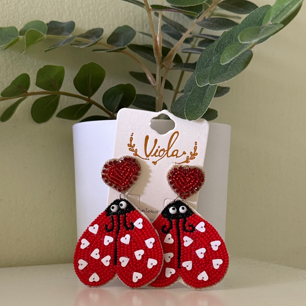 Red Heart Ladybug Earrings